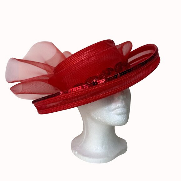 Elegant Red Wide Brim Hat Formal Fashion Tulle Bow Sequin Statement Church Derby